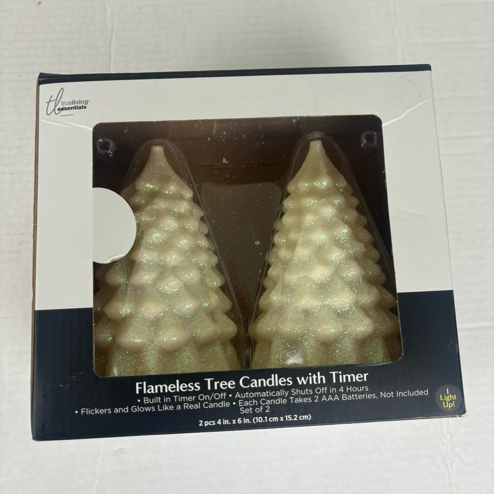 NIB-Flameless tree candle set w/timer-off-white and glitter finish